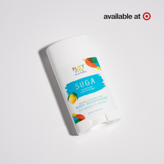 Play Pits SUGA kids deodorant, lemon and grapefruit scent, in bright yellow tube on white background