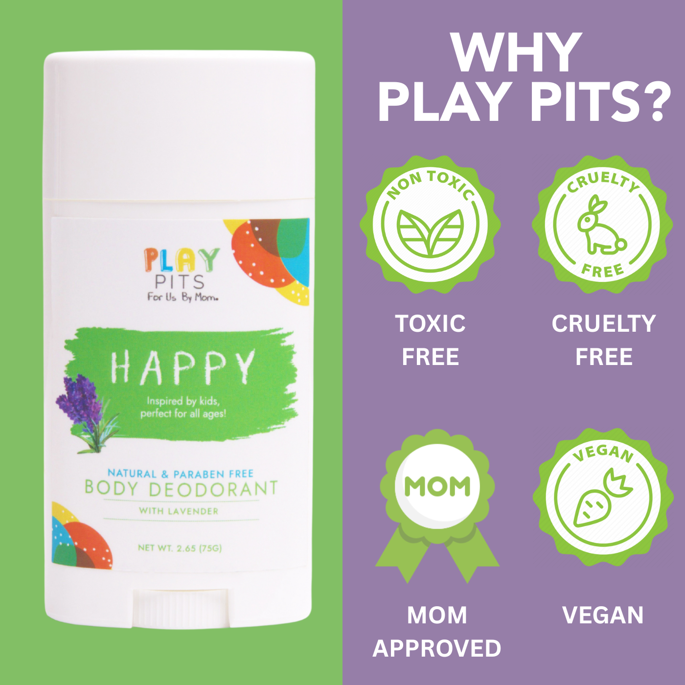 PLAY PITS - Natural Kids Whole Body Deodorant Deodorant - Safe for Girls and Boys w/Sensitive Skin of All Ages - Clean - Toxic & Paraben Free - HAPPY Scent - Infused w/Essential Oils – 2.65 fl.oz (Pack of 2) - Play Pits